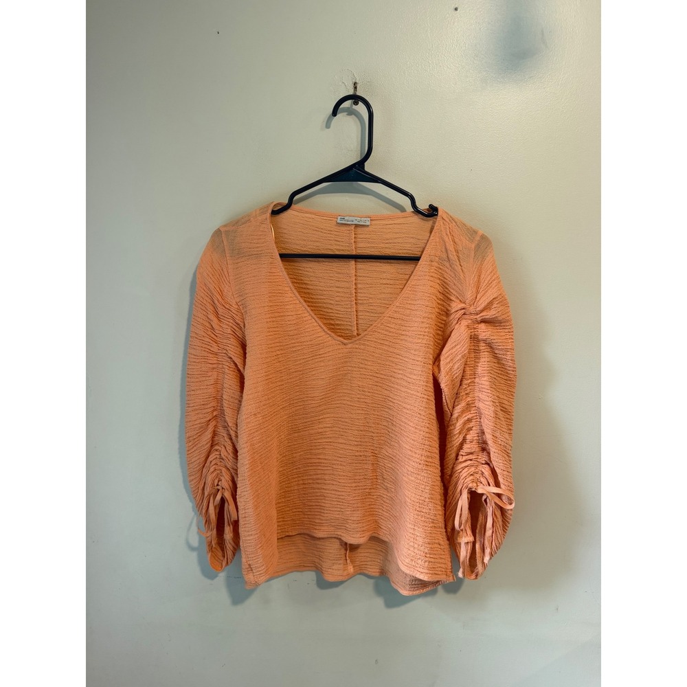 Zara Woman Basic Peach Textured V-Neck Ruched Tie Sleeve Blouse Small